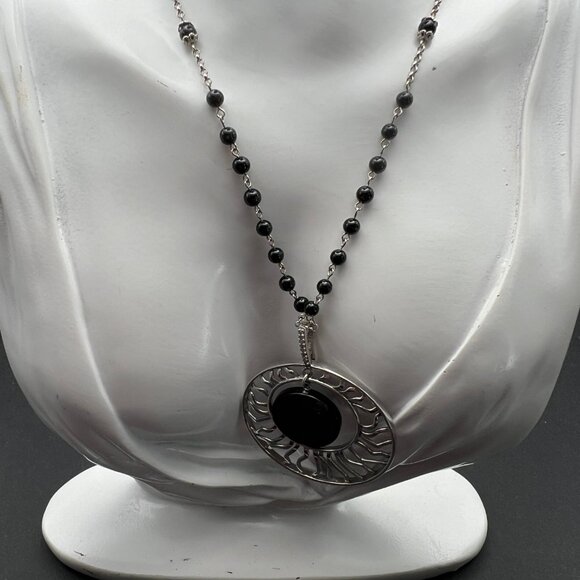 Heng Ngai Sterling Silver 925 Black Onyx Beaded Necklace Sun Pendant - Picture 3 of 7